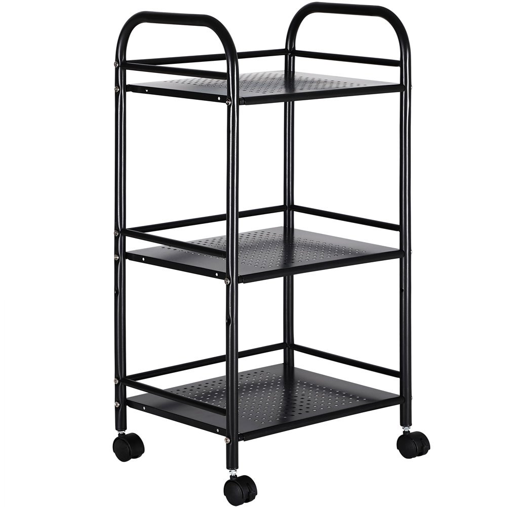 Image of Bakaji Metal Cart With 4 Swivel Wheels, 3 Shelves, Dimensions 40 X 35 X 75cm, 3-tier Multifunctional Cart In Black Color For Bathroom, Kitchen, Hairdresser Or Beautician