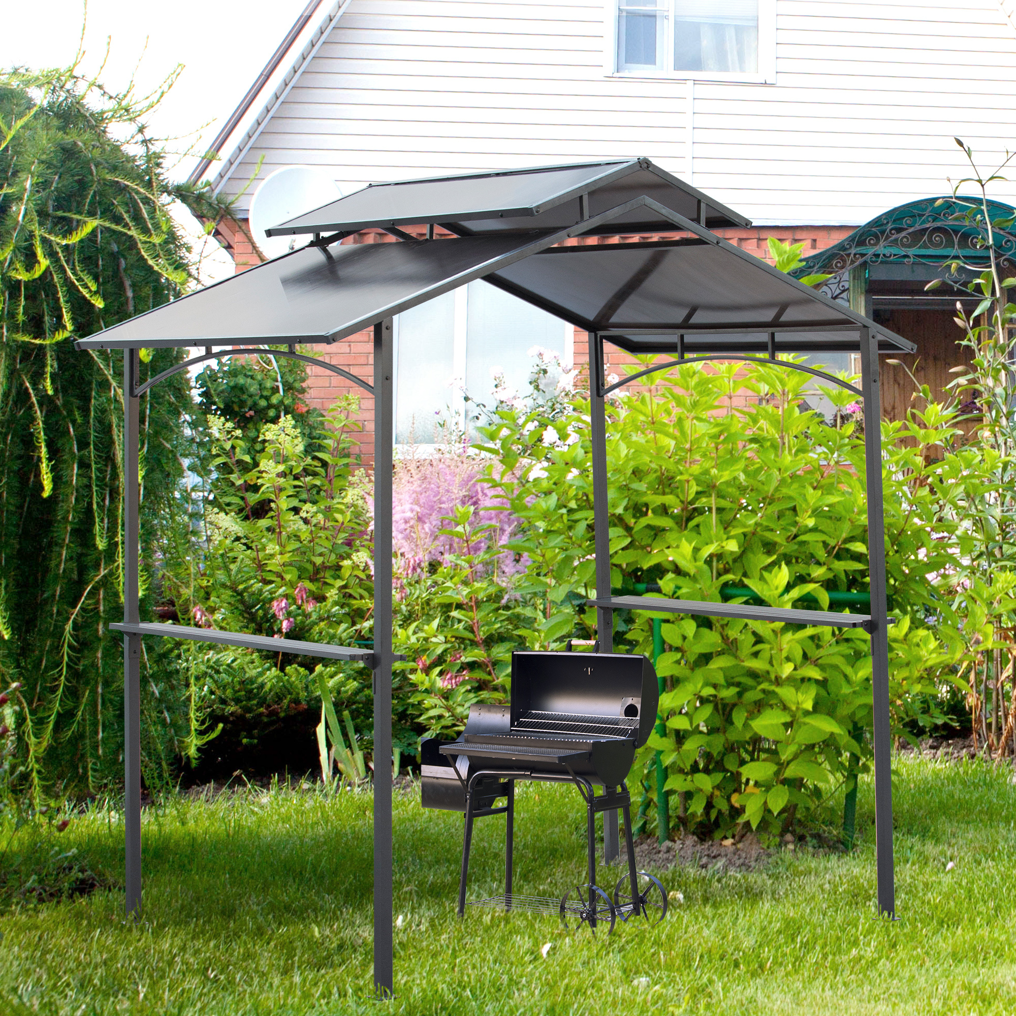Outsunny Grill Tent Grill Balcony With Shelves Flame-retardant Double Roof Grey 245 X 148 X 252 Cm