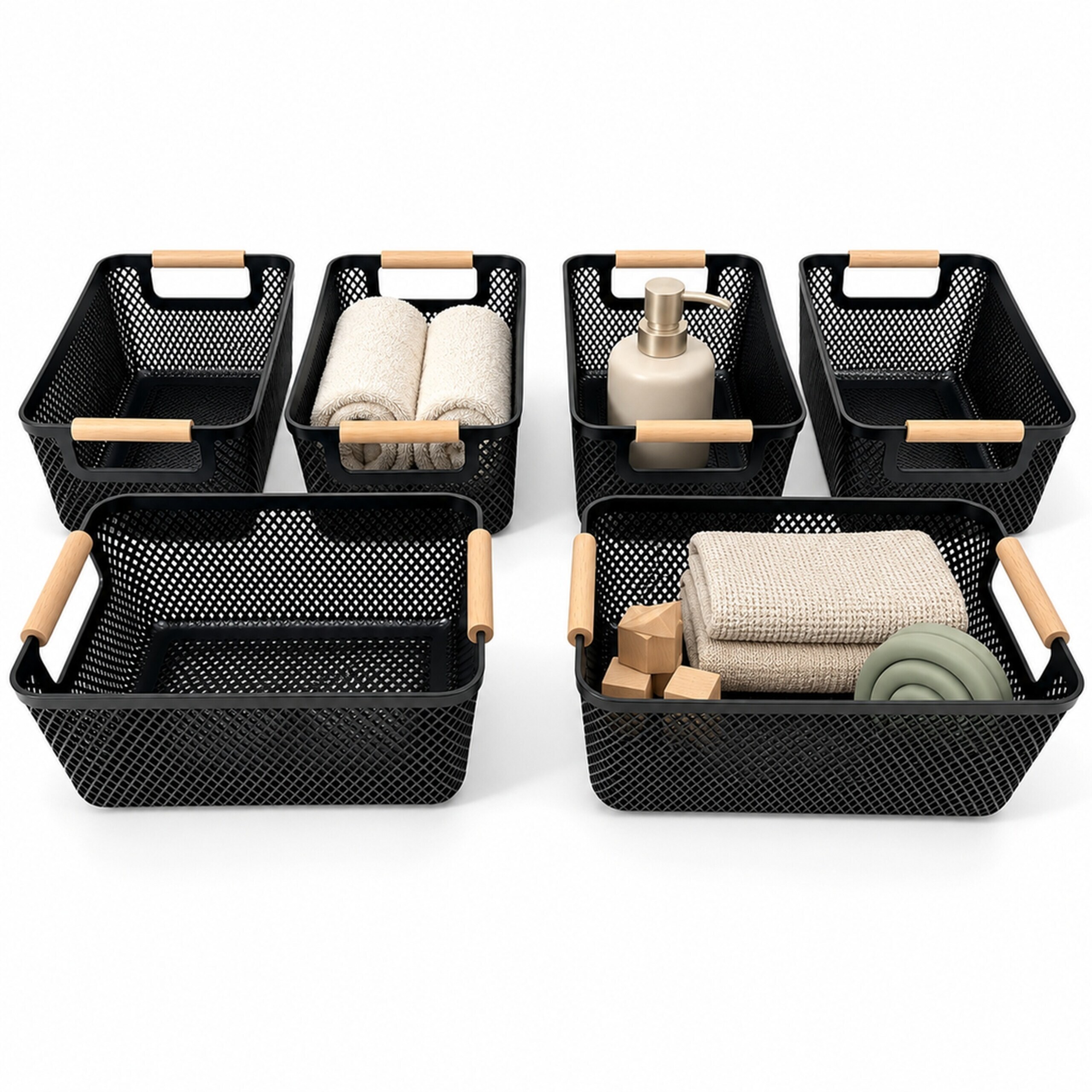 TEMU Storage Baskets S , 6-piece Set, Black, Plastic With Handles, Grid Design, S 12 .5 X 16 Cm, X 28.5 X 17.5 Cm, For Bathroom, Bedroom, And Living