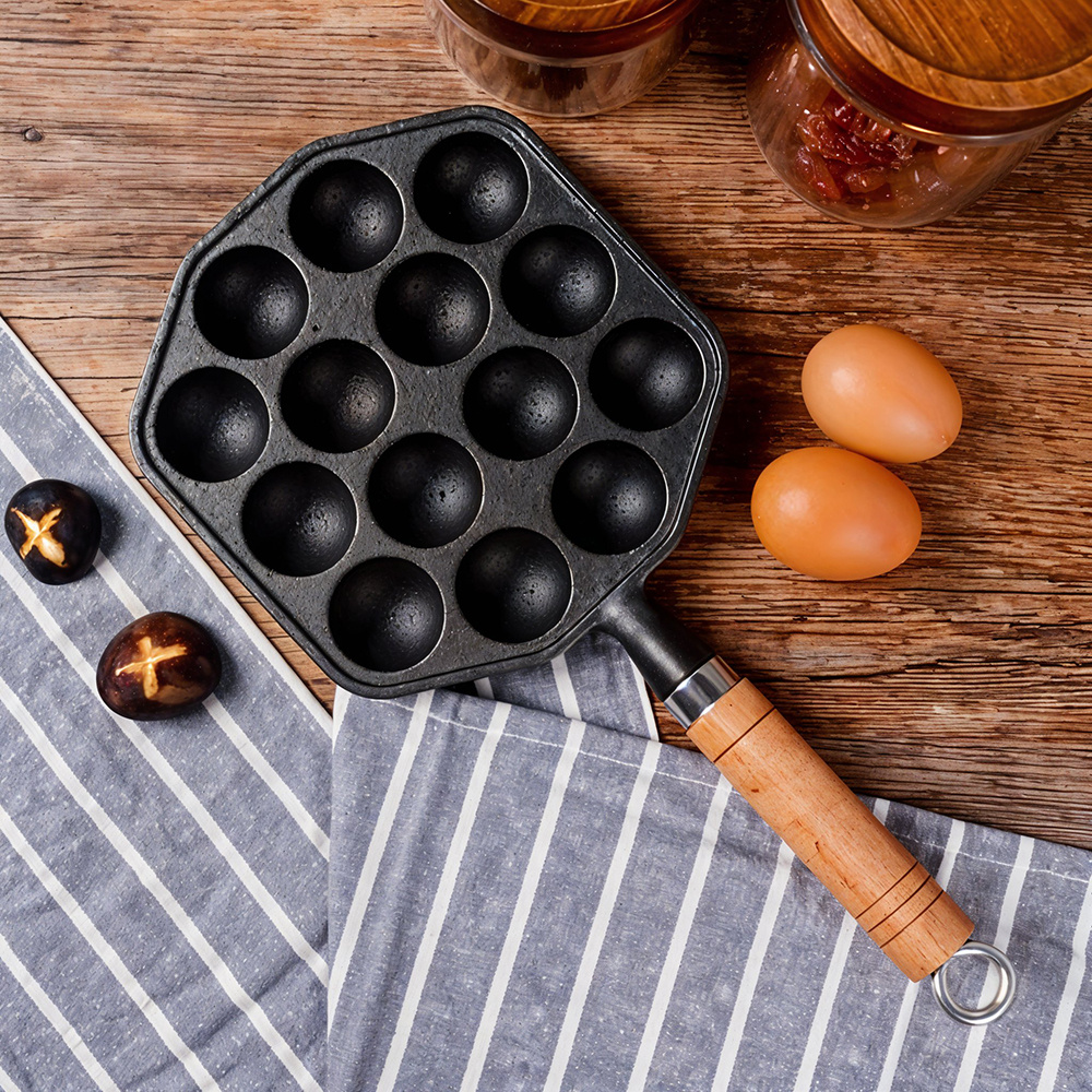 TEMU Home 14-holes Egg Pan Cast Iron Pot Fry Pan, Kitchen Breakfast Frying Pan Eggs Maker Dumpling Pot Cookware With Wood Handle