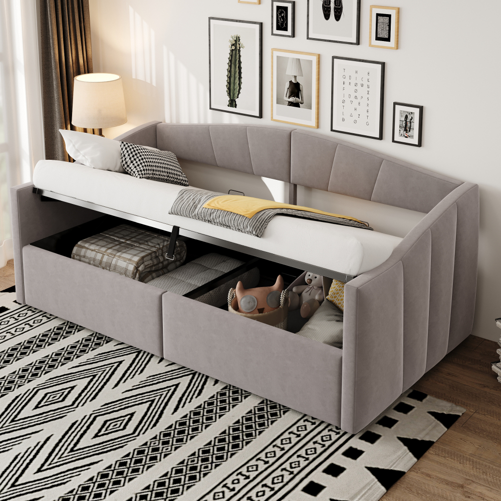 Image of 90*200 Cm, Multifunctional Velvet Sofa Bed With Hydraulic Storage, Classic Striped Pattern, Thick Backrest & Armrests, Stable Slatted Frame, Can Hold Up To 250 Kg, Space-saving, Durable.