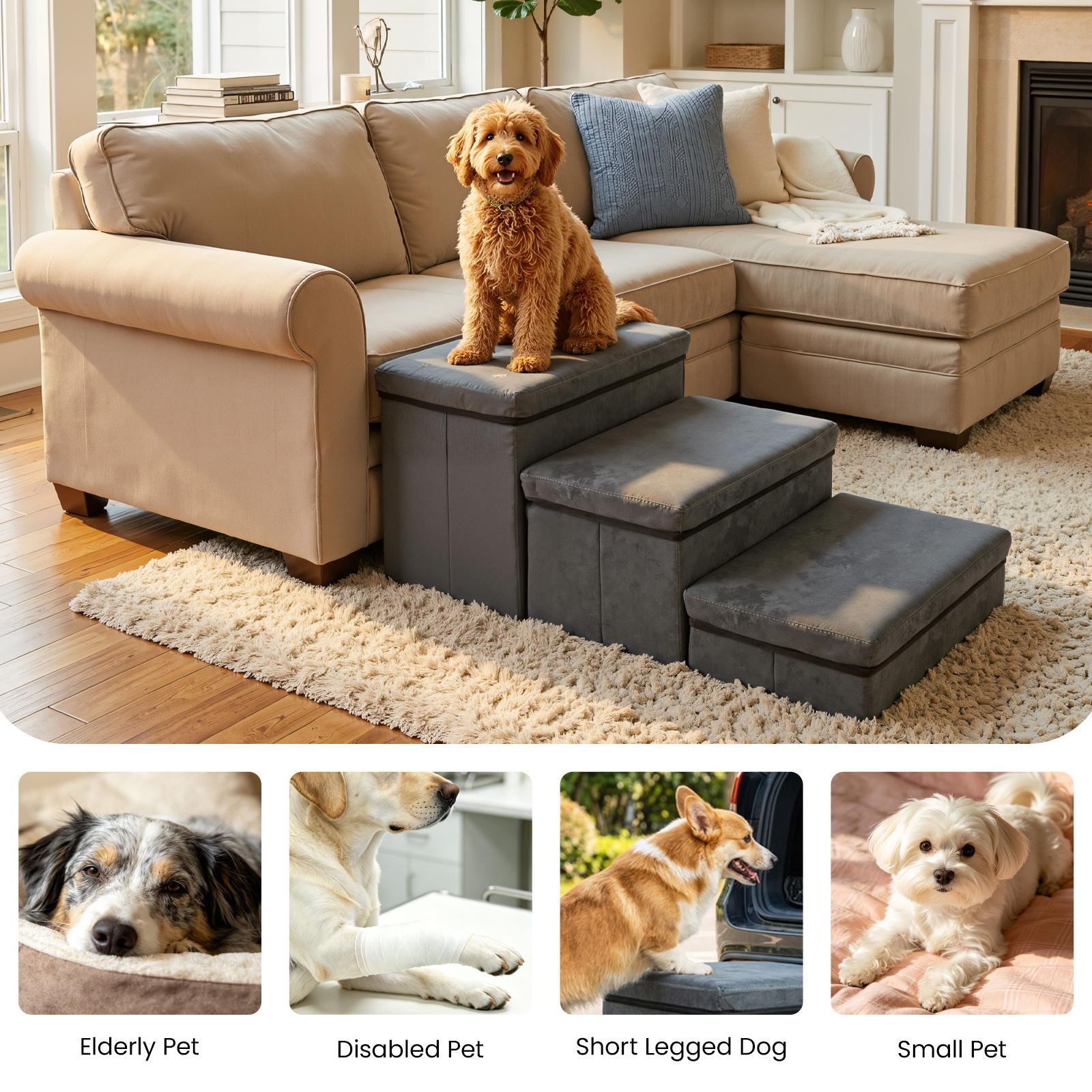 Dog Stairs with Storage, Foldable Pet Steps for Bed and Sofa
