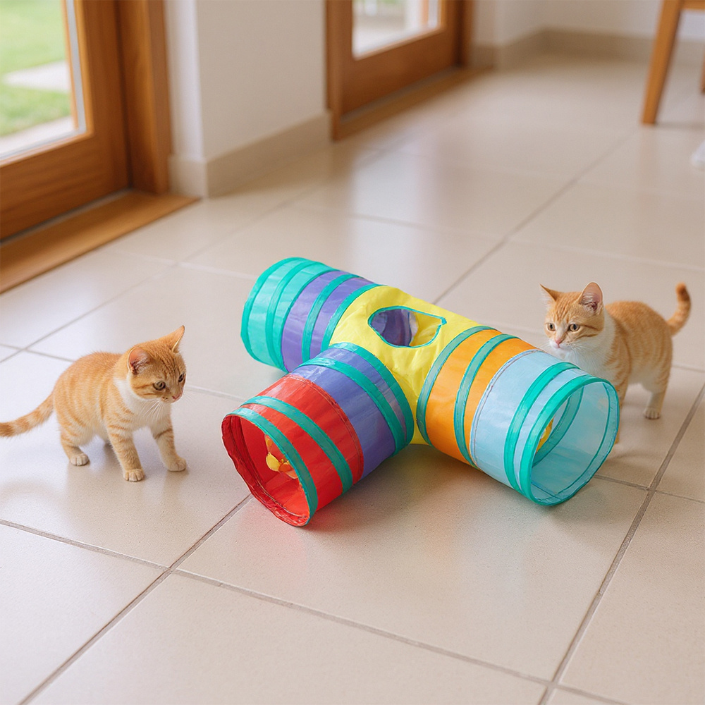 T-Shape Cat Tunnel with Hole and Hanging Ball
