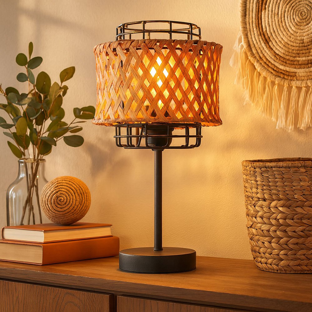 Image of Metal Bamboo Table Lamp, Black Reading Lamp, Accent Lamp For Living Room, Round Metal Grid, 1x E27, Dxh 17x32 Cm, Bulb Not Included