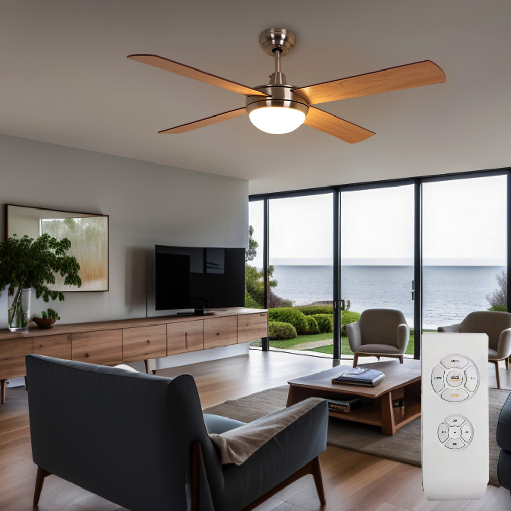 Image of Ceiling Fan With Wooden Lamp, Remote Control, Reversible , , 3 , Rustic Glass Mdf Wood Look, 2x E27 Sockets, Dxh 132x41cm