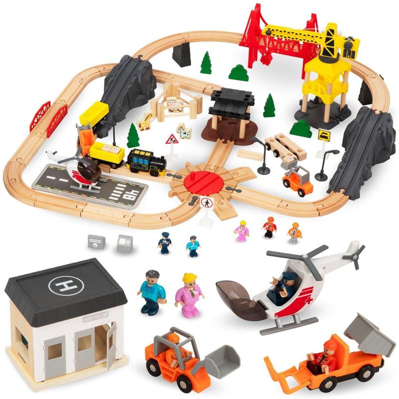 Wooden Battery-powered Train Set - Town: Tracks, Cars, Bridge, Airport