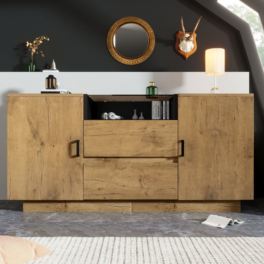 Image of 140x40x70 Cm Sideboard – Tempered Glass & Oak Finish – Open Shelf + 2 Drawers + 2 Cabinets – Adjustable Shelves – With Tip-over Protection – For Living Room & Hallway