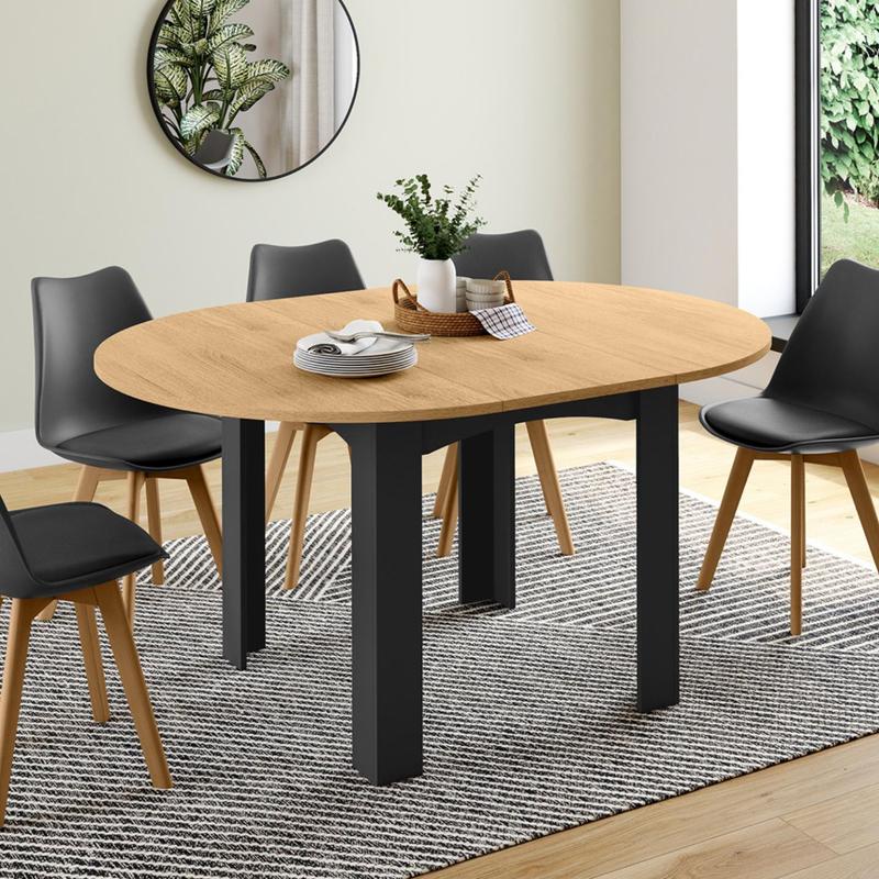 TEMU Table à manger extensible ronde 4-8 personnes noire plateau façon hêtre 110-150 cm