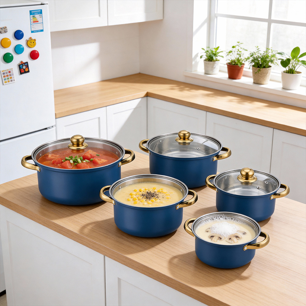 TEMU 10pcs Stainless Steel Cooking Pot Set, Soup And Milk Pots With Gold-plated Handles, Durable Kitchen Cookware For Home Use, Blue