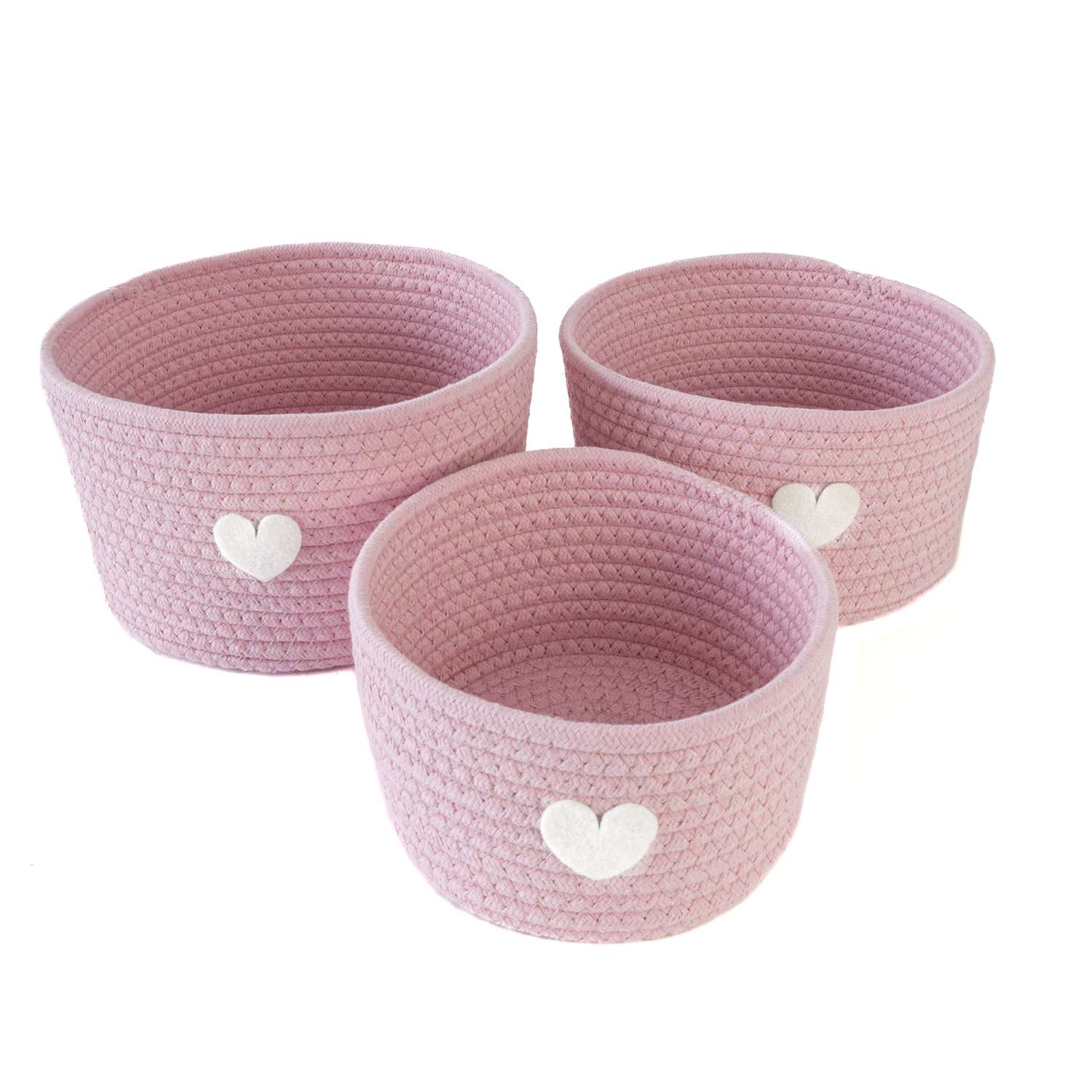 Image of 3-piece Storage Basket Set Organizer In Pink With Heart Appliqué - 24 X 14 / 22 X 12.5 / 19 X 10 Cm - Practical Storage Baskets For Shelves As Decorative Baskets