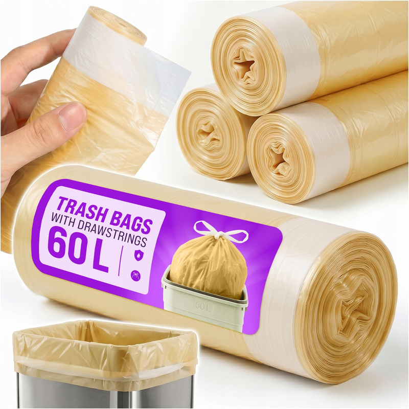 TEMU Trash Bags 60 L 100pcs. Yellow With Tied Tape 10 Rolls, Strong Trash Bags For Mixed Waste Made Of Durable Ldpe Film Resistant To Cracking And