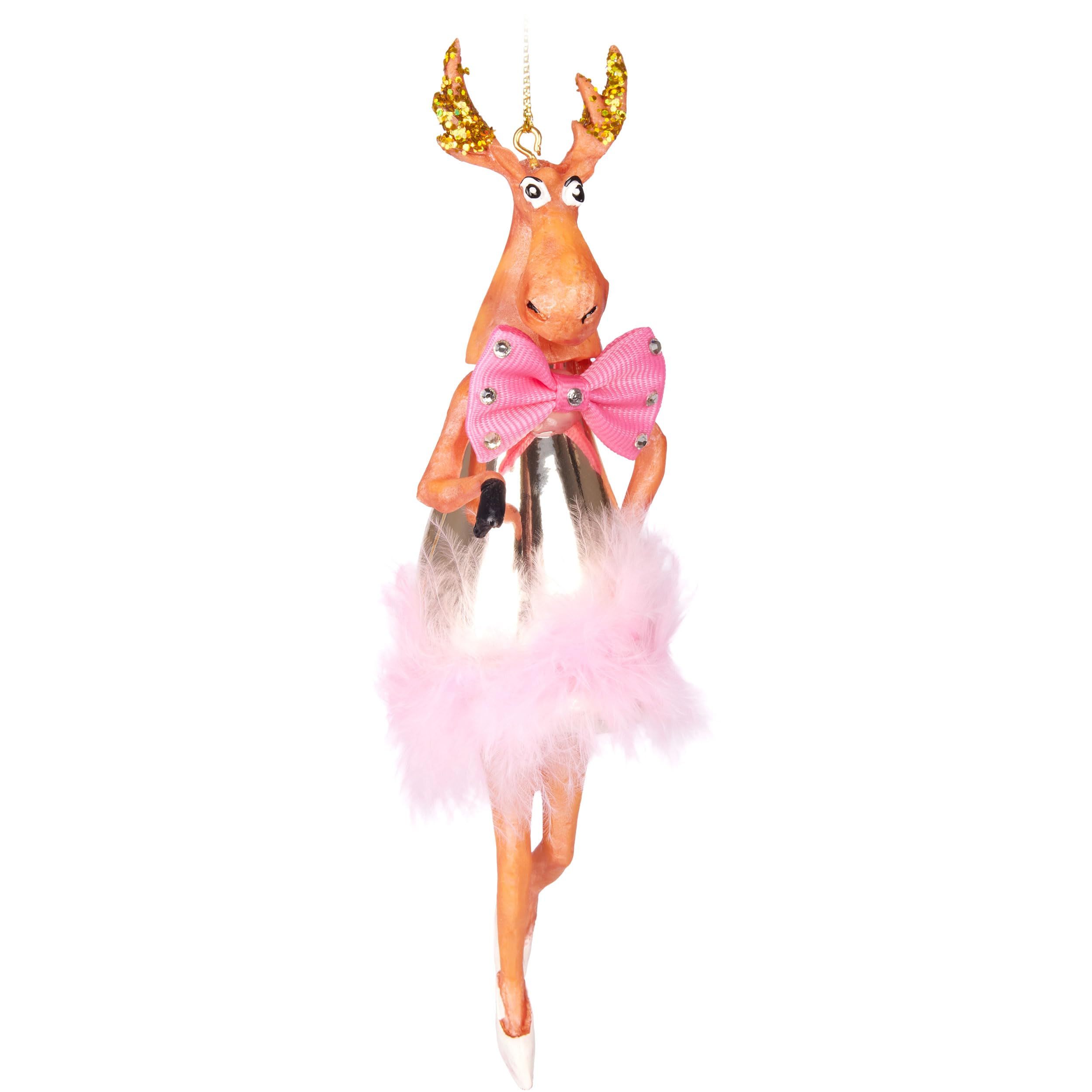 Image of Brubaker Moose With Feather Tutu Skirt And Pink Bow - Hand-painted Glass Christmas Ornament - Christmas Tree Decoration Figures - 18 Cm