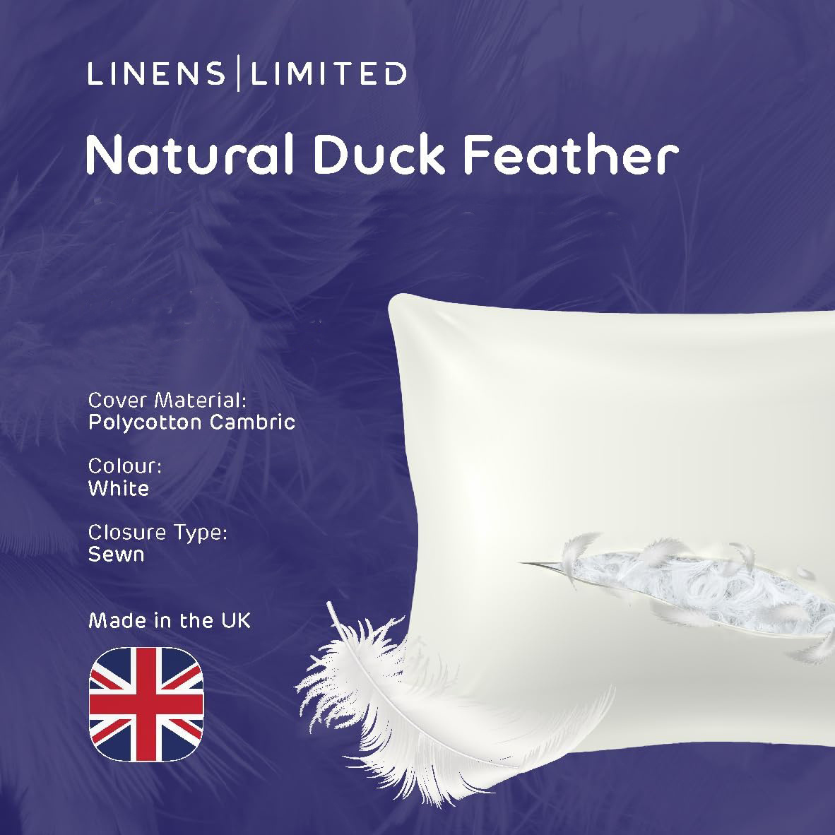 Duck Feather and Down Bed Pillow, Soft and Plump Hotel Quality Pillow, Natural Filling 85% Feather 15% Down, Polycotton Cambric Cover, UK Made