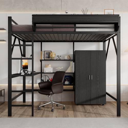 cama de pisos de madera de 140x200cm con escritorio, armario, estante superior, escalera de , montaje, muebles para dormitorio