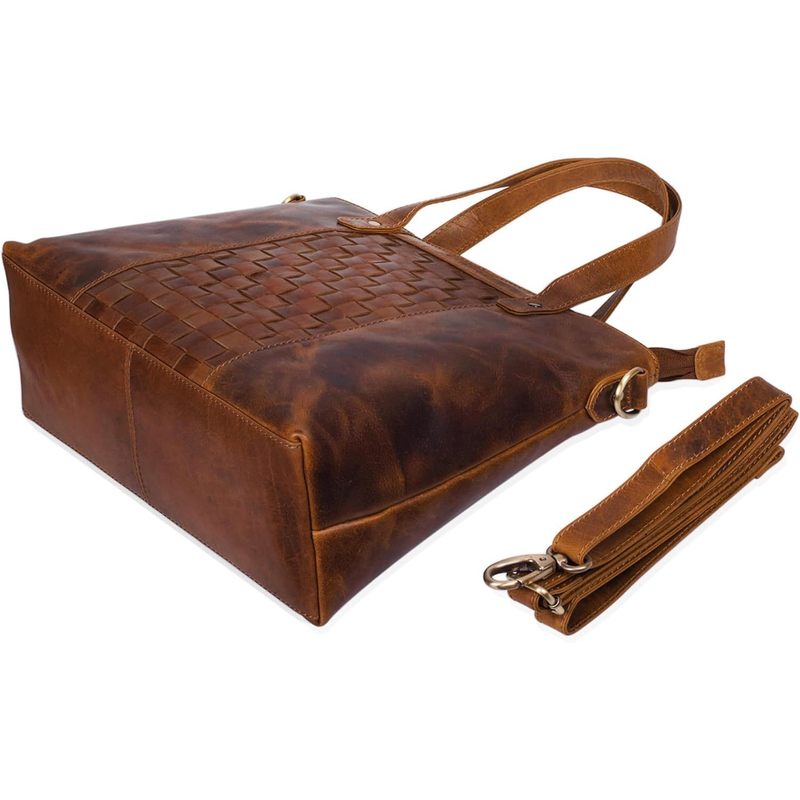 Braided Leather Handbag with Removable Shoulder Strap, Medium Large Shopper Bag, Evening Bag for Women, Genuine Leather, Brown