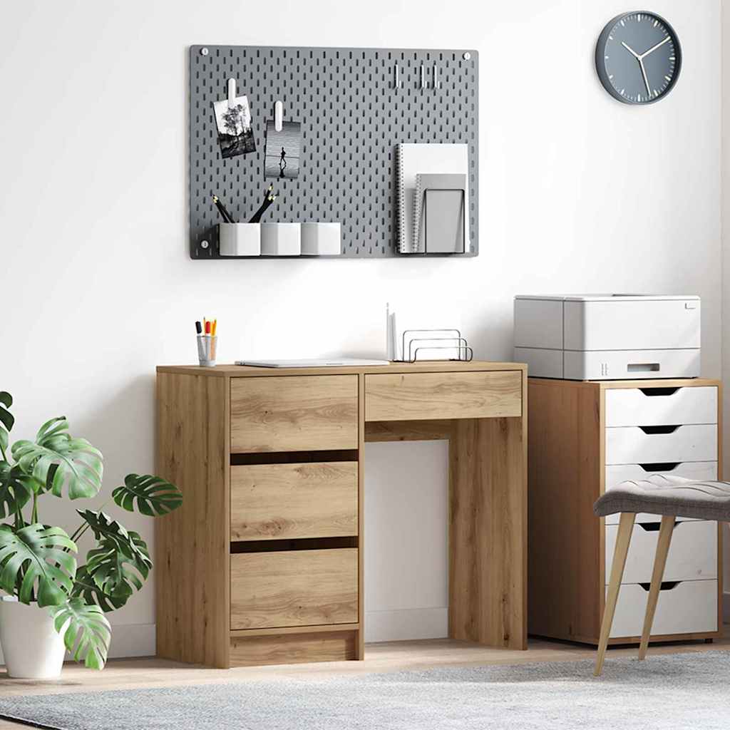Vidaxl Oak Desk With 3 Drawers | Stylish Wooden Computer Workstation For Home Office, Brown Mdf, Compact, Storage Space, Contemporary