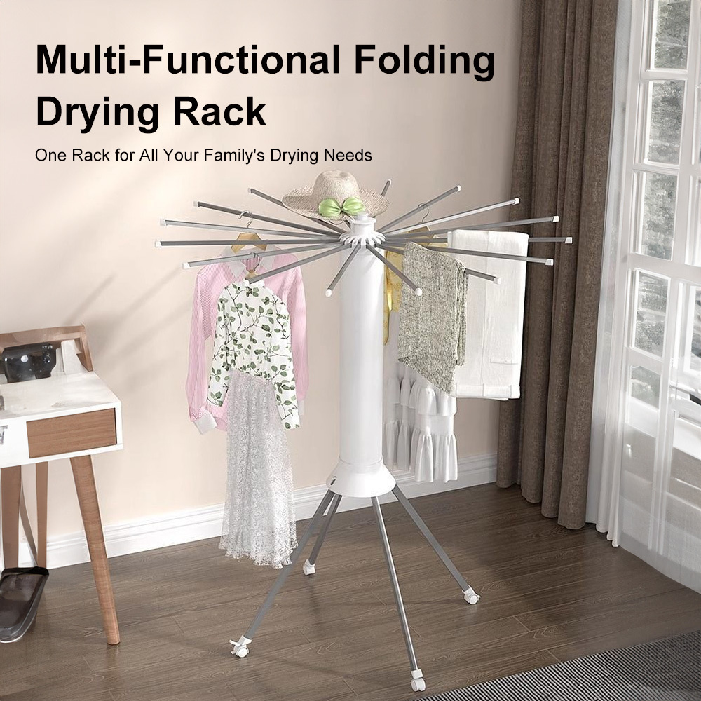 Image of 360° Octopus Style Foldable Laundry Drying Stand, 16 Hanging Poles Clothes Shoe Dryer With Casters And Anti-slip Design, Portable Indoor Balcony Outdoor Garment Rack