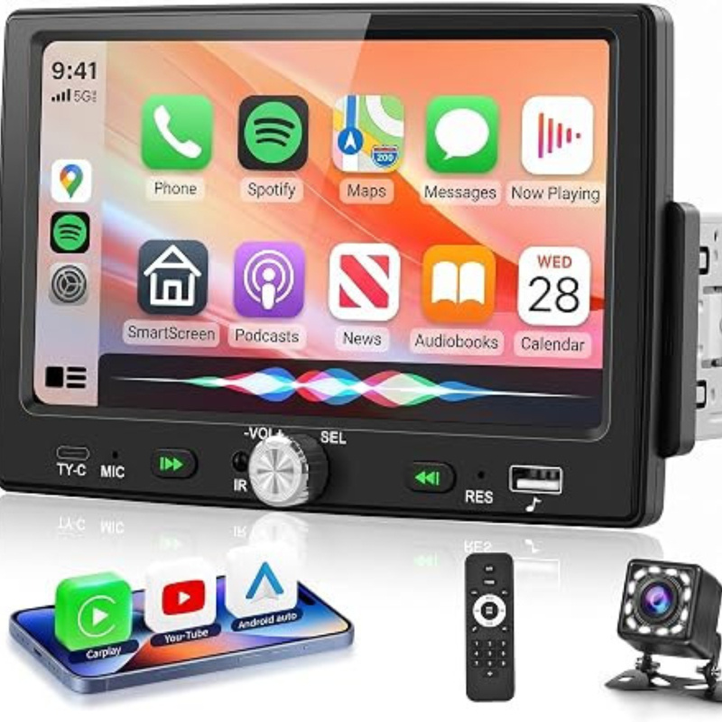 7 Inch Single Din Car Stereo Wired Carplay Auto, 1 Din Radio Hd 1024×600 Touch Screen Radio Bluetooth 5.0, Swc Fm Eq, Usb Type-c, Car