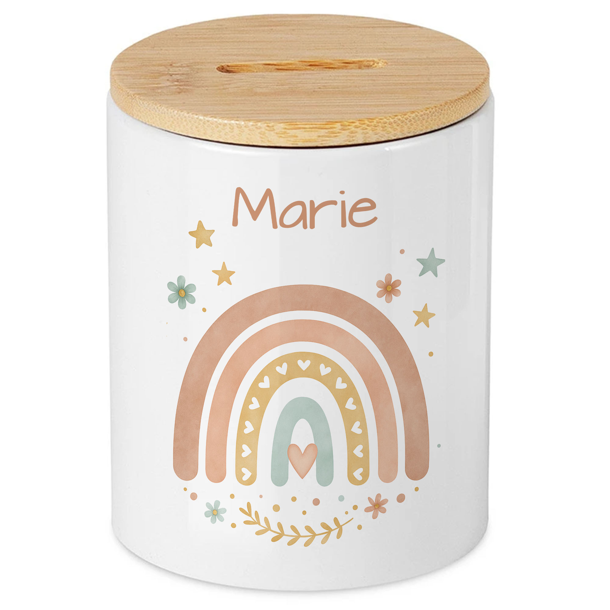 Image of Personalized Girl's Piggy Bank With Custom Name, Boho Rainbow Piggy Bank As A Beautiful Money Gift For Baptism, Birthday, First Day Of School