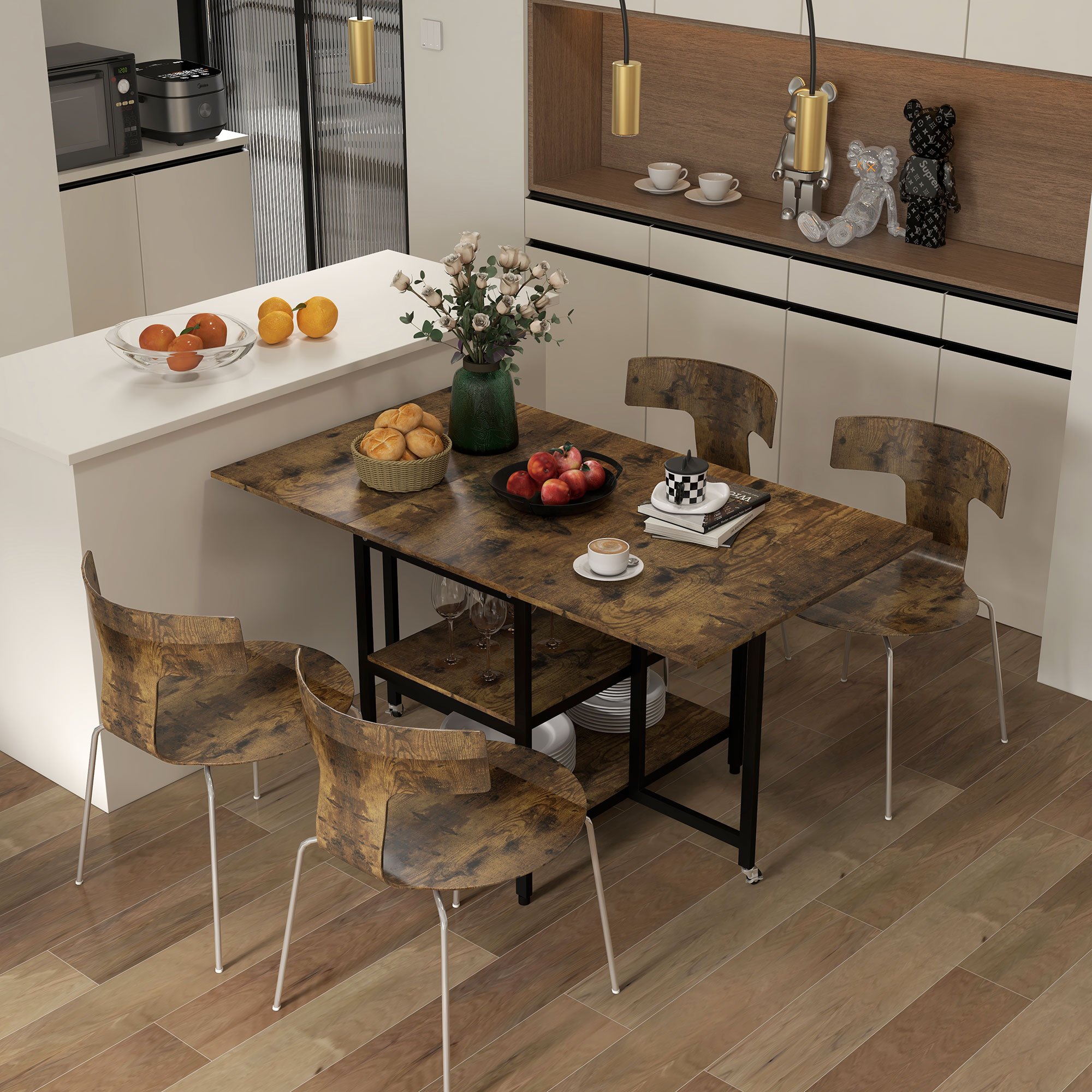 Homcom Folding Dining Table, Folding Table With Wheels, 140 X 80 Cm Kitchen Table With 2 Shelves For 2-6 People, Dining Room Table, For Kitchen, Dining Room, Steel, Rustic-brown