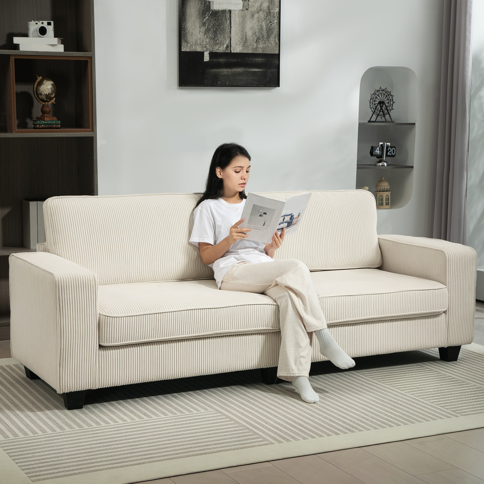 Image of 3-seater Sofa, Couch With Armrests, Back Cushion, Living Room Sofa With Cord Cover, Spring Core, Upholstered Sofa For Living Room, Bedroom 227 X 84 X 87 Cm, Cream White