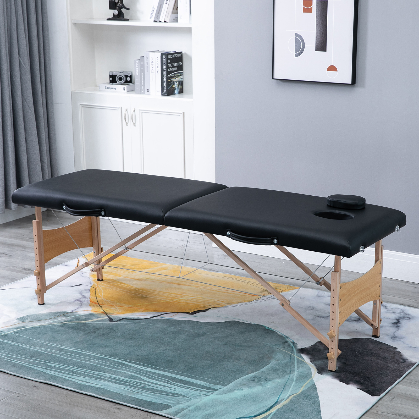 Image of 3-zone Foldable Massage Table With Headrest, Armrests, Carry Bag, Wooden Feet, Height-adjustable Portable Massage Bed, Cosmetic Table For Tattoo Spa Salon, Black