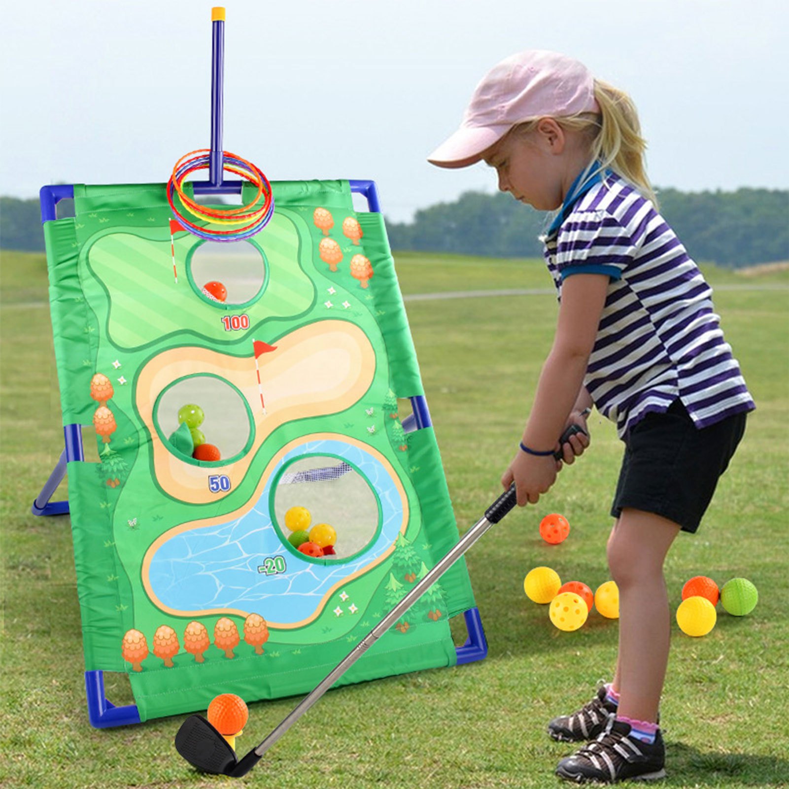 Golf Skill Training Set with Stand and Target Rings