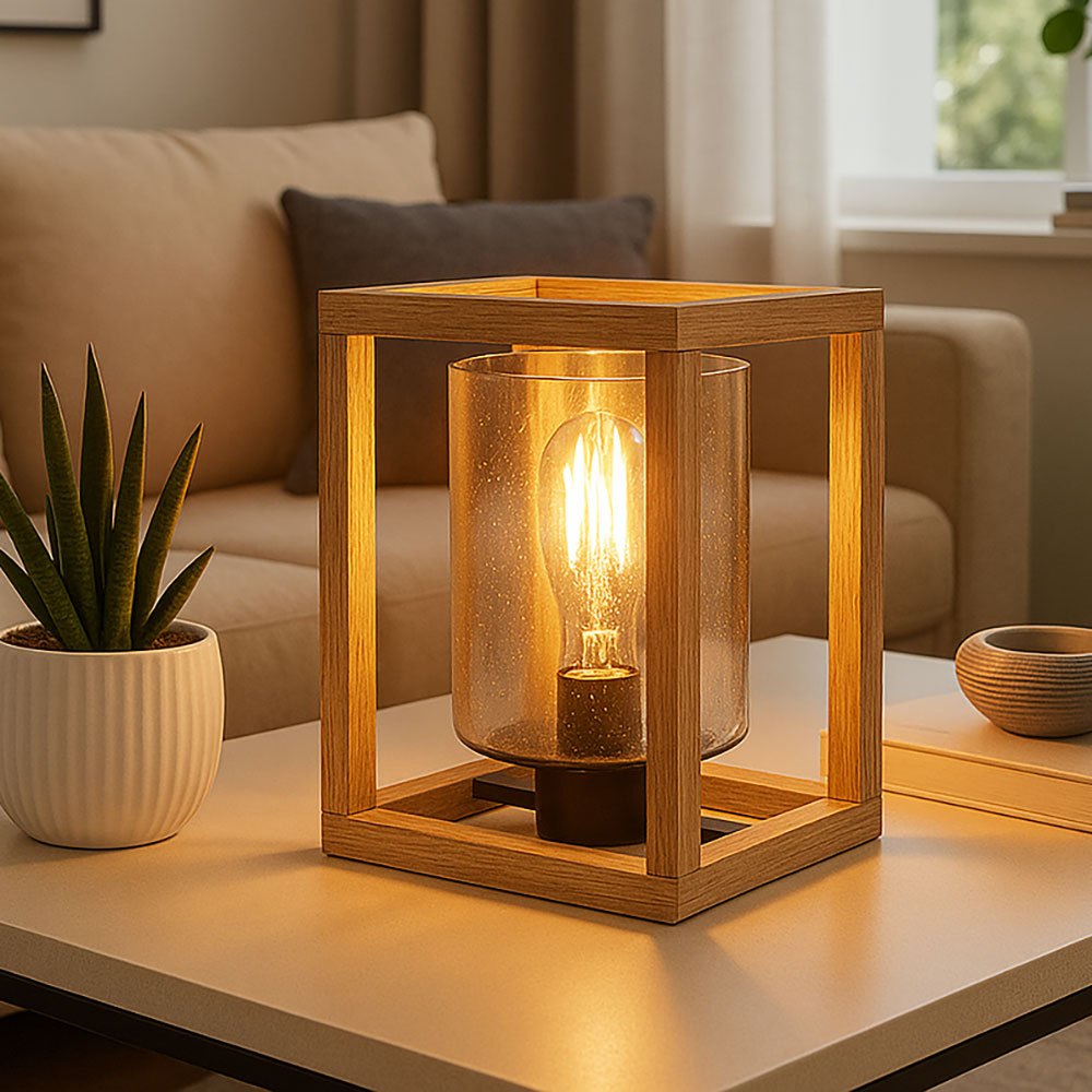 Image of Smoked Glass Table Lamp, Black Accent Light With Natural Wood, Design, E27 Socket, Dimensions Lxwxh 17x17x22 Cm