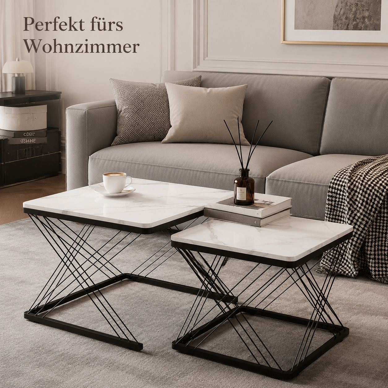 Image of 2pcs Table Set With Marble Optic, Side Table With Height-adjustable Feet, 30 Kg Load Capacity, Modern Living Room Furniture, Flexibly Combinable For Any Interior Design