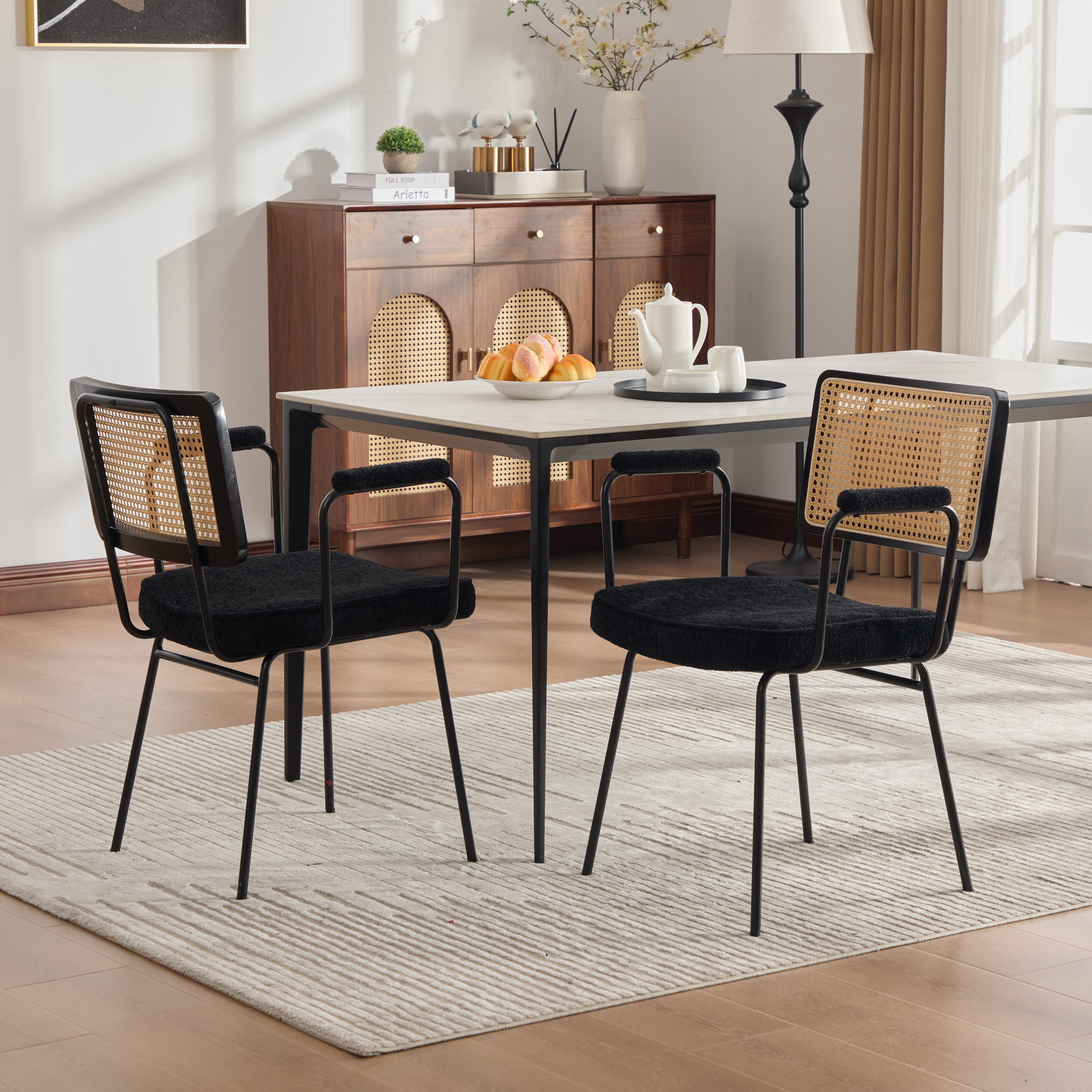 Image of Modern Dining Chair, 2pcs Set, Chenille Upholstery, Without Armrests, Solid Wood Frame On The Backrest, Rattan Optic, Adjustable Metal Feet-ivory