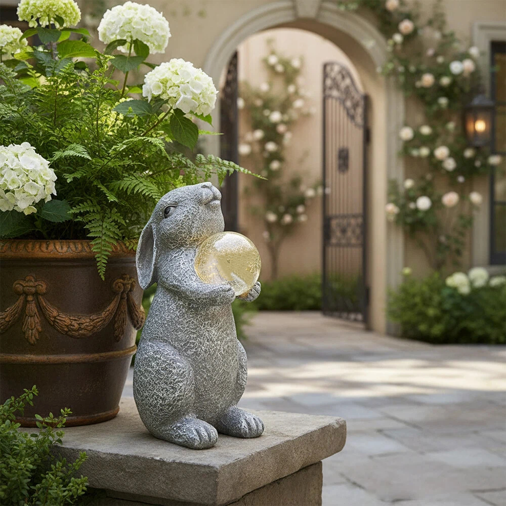 TEMU 1pc Outdoor Rabbit With Ball Resin Decoration - Single Courtyard Sculpture, Designed For , Lawns And Landscape Environments