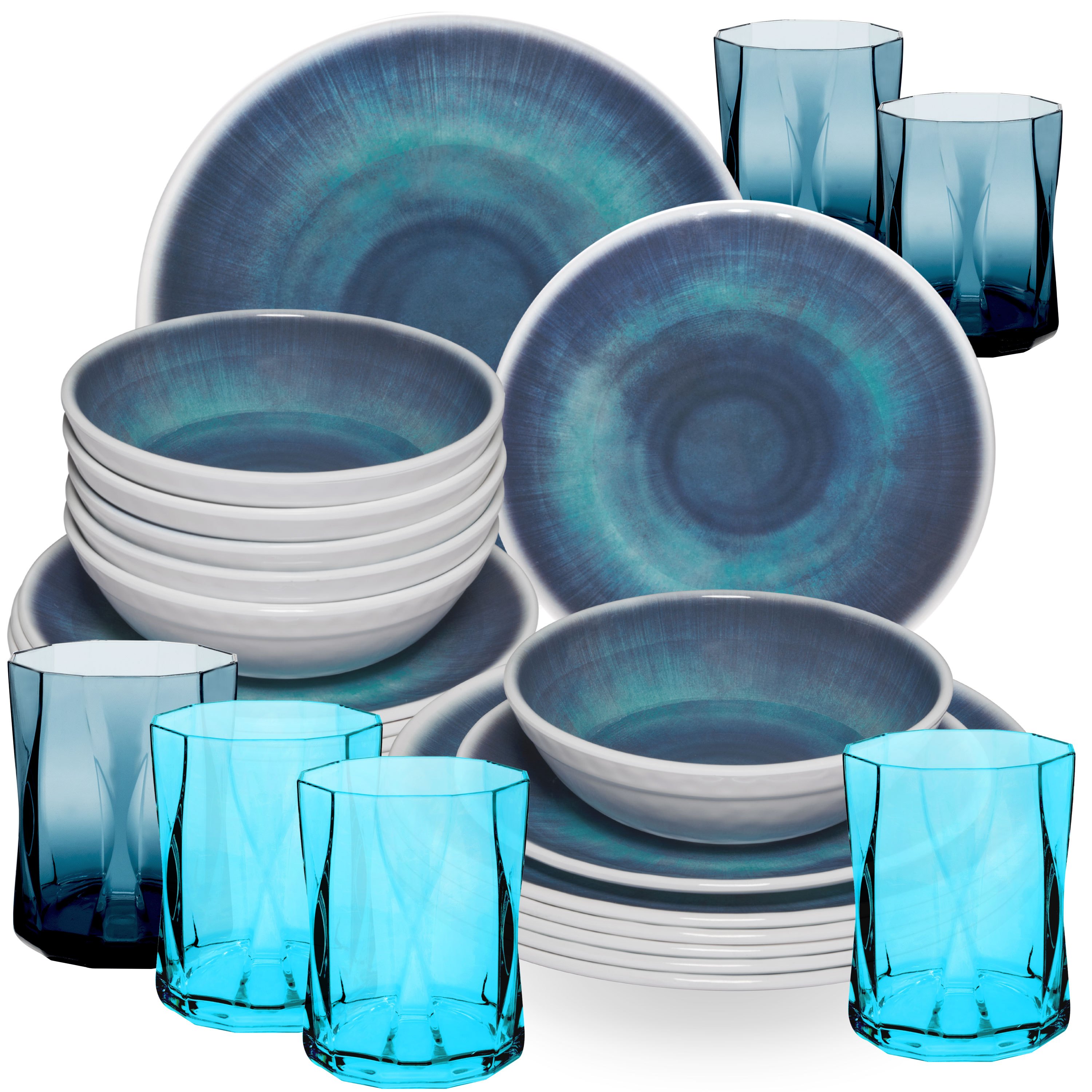 Melamine Dish Set Blue For 6 People - 24pcs - With Color- 300ml Acrylic Tumblers Camping Dish Set Tableware Modern Melamine Dishware Colorful
