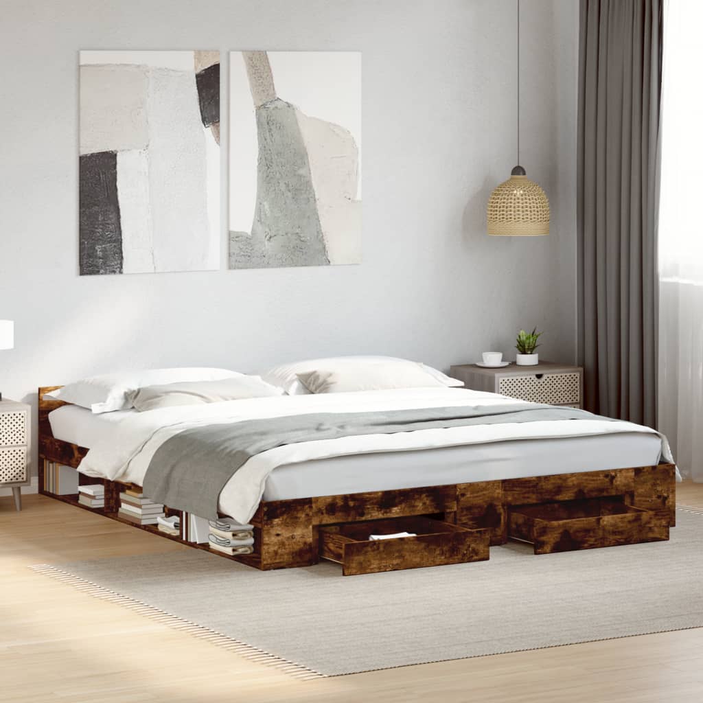 Image of Vidaxl Bed Frame, Bed With Drawers For Bedroom, Bed Frame With Slatted Base, Double Bed For Bedroom, Smoked Oak 200x200cm Wood Material