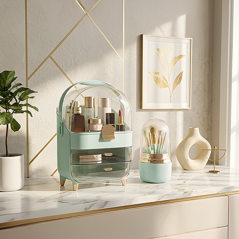 Cosmetic Storage Box with Rotating Brush Holder