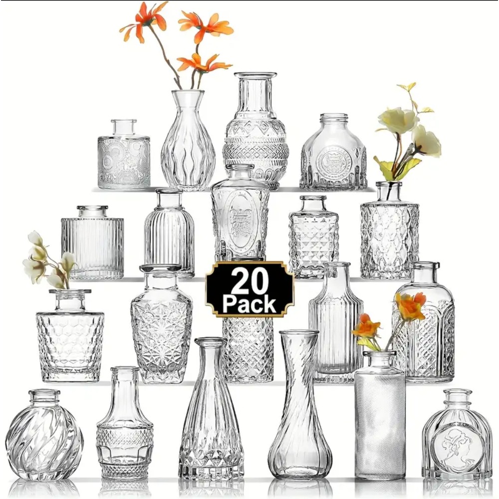 E-shop Set aus 20 Glas-Blütenvasen, Kleine Diamant-Blütenvasen im Großhandel, Mini-Blumenvasen für Tischdekoration, Vintage-Flaschen für