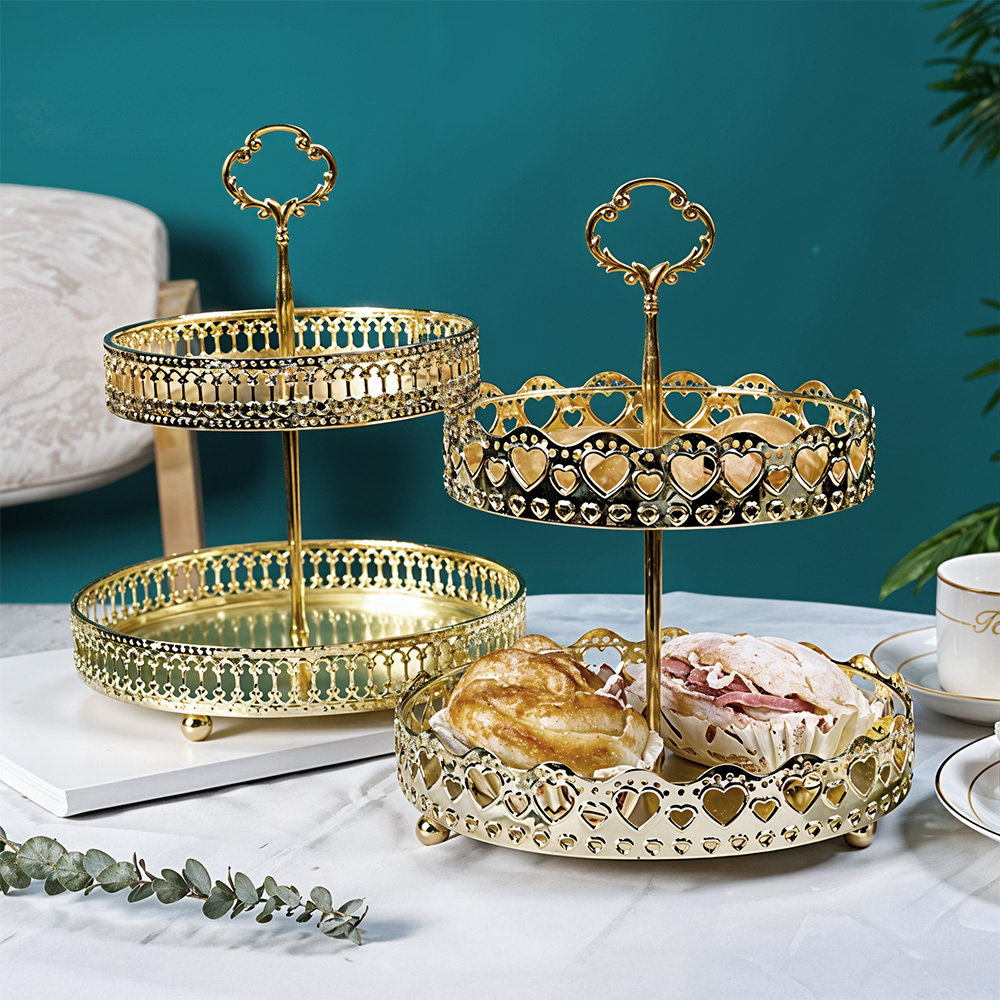 TEMU 1pc Double-layer Pastry Tray, Elegant Metal Storage Rack, Creative Fruit Display Stand For Living Room And Home Decor, Gold, Striped Or Heart