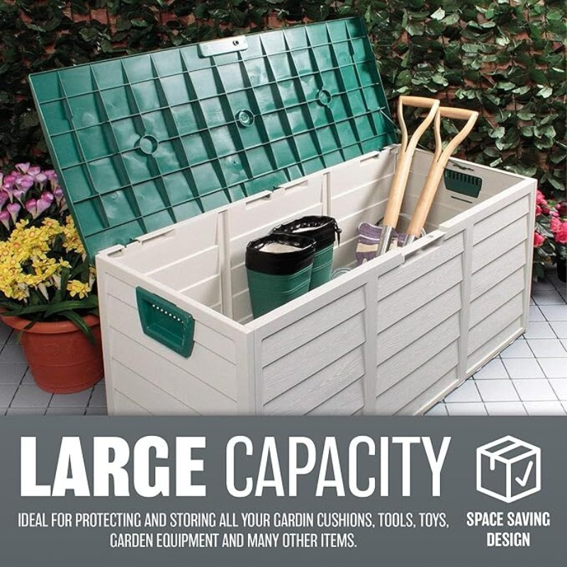 TEMU 1pc, Outdoor Plastic Storage Box 290l Wooden-look Large Patio Garden Tool Furniture Cushions Organizer Container For Backyard Terrace, Lockable,