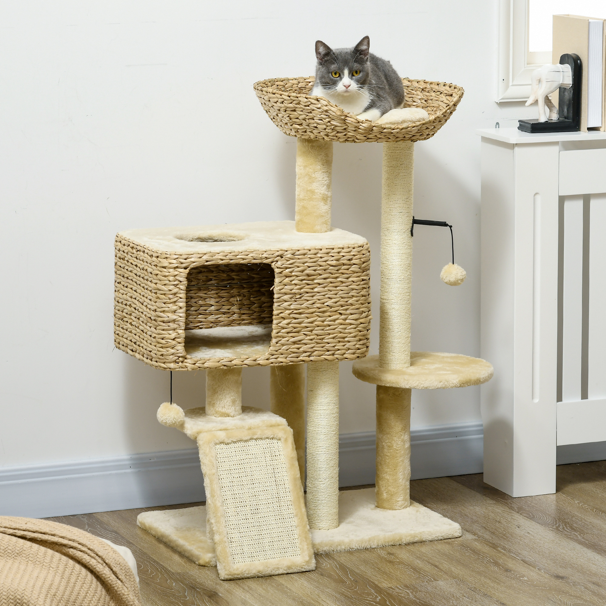 Cat Scratching Post 98 Cm Cat Tree With 2 Lying Surfaces, Climbing Tree Play Ball, Scratching Posts, Cat Furniture With Cat Cave For Cats Up To 6 Kg, Water Hyacinth, Sisal, Beige
