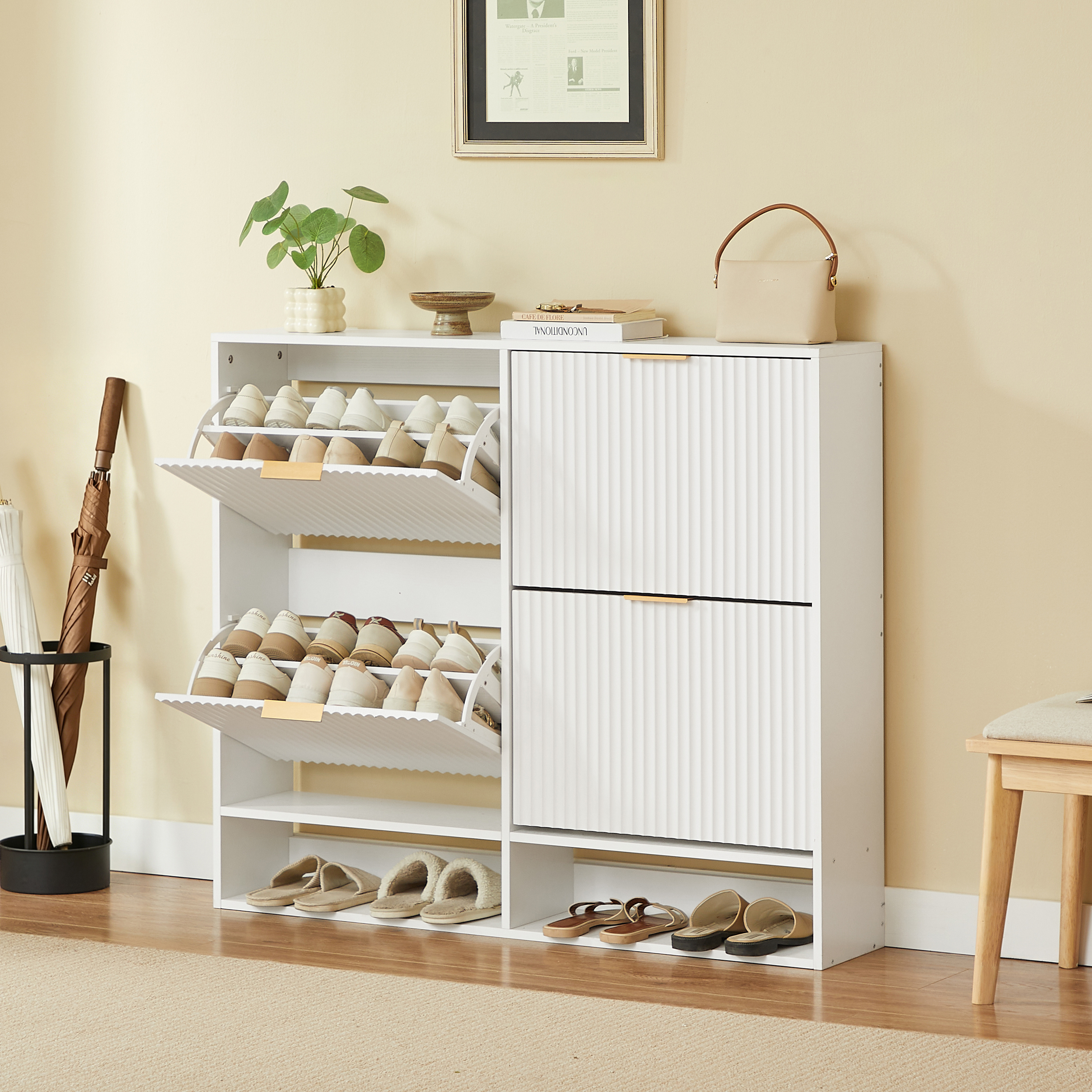 120 X 24 Cm Shoe Cabinet With Grooved Front – Height Adjustable With Tilt Protection And Decorative Table For , In White