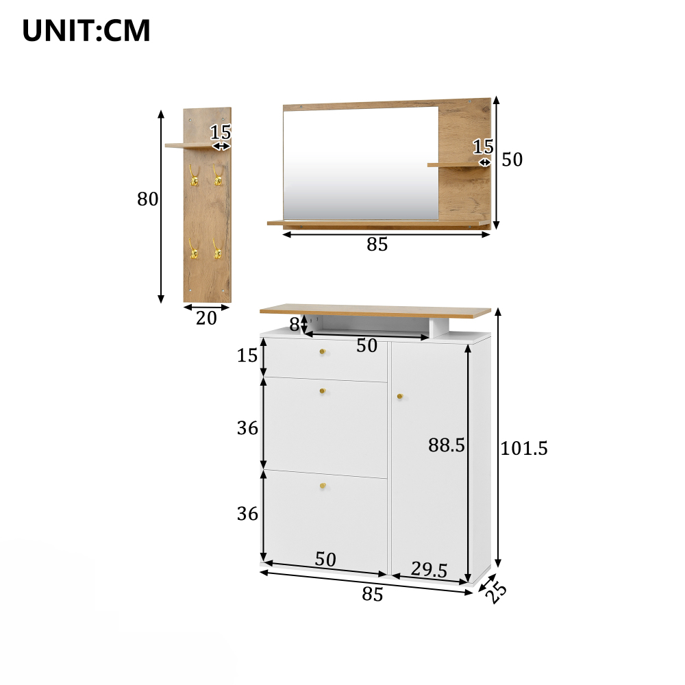 3-piece Hallway Coat Rack With Mirror, Shelf, Shoe Cabinet, 3 Compartments, Coat Stand, 4 Hooks, Wood Look, White, Space-, Easy Assembly, 105 X 25 X 151.5 Cm