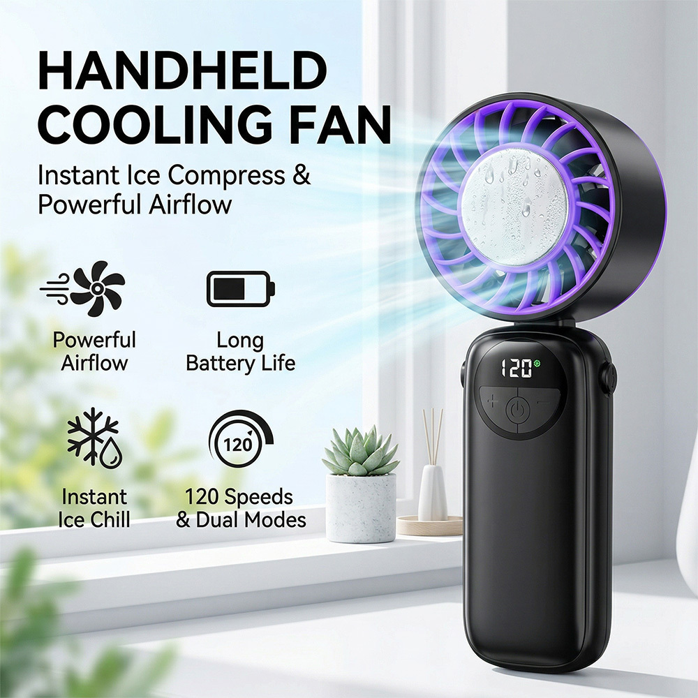 TEMU Ventilateur Turbo Portable avec Fonction de Refroidissement par Glace, Ventilateur Personnel Rechargeable avec Affichage Numérique, 1-120