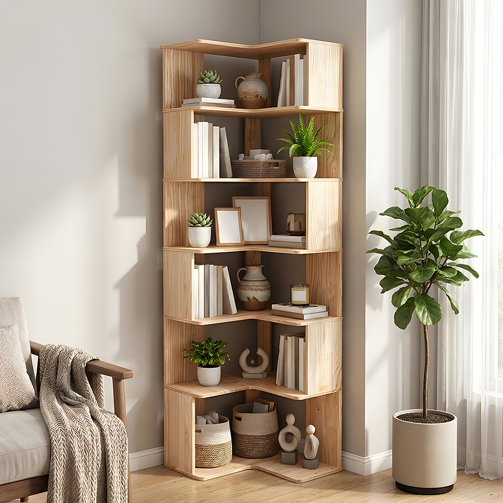 TEMU 5/6 Tier 162/194cm Tall L-shaped Corner Bookshelf, Wooden Corner Cabinet, Floor Freestanding Storage Display Rack Shelving Unit, Space-saving