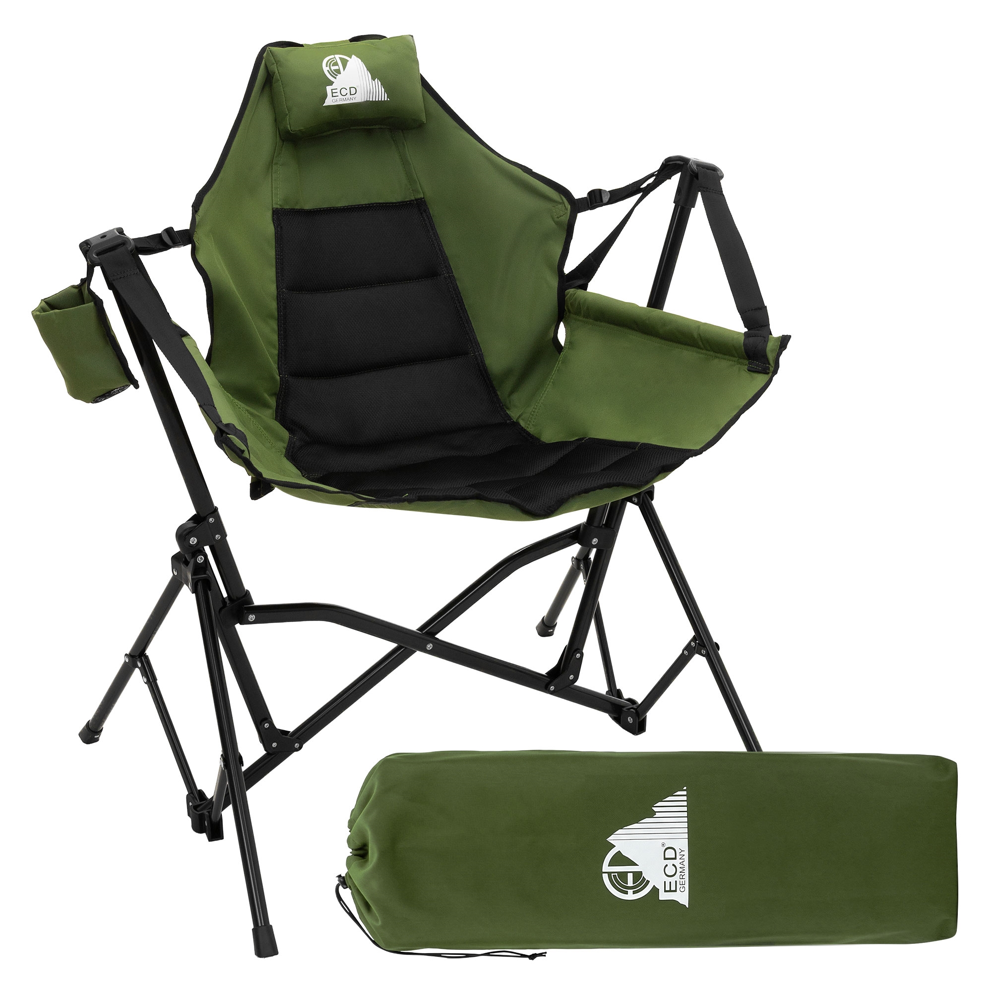 Image of Ecd Germany Folding Camping Chair, Fishing Chair With Rocking Function, Chair With Drink Holder & Neck Pillow, Adjustable Backrest Folding Chair For Outdoor Camping Fishing Garden