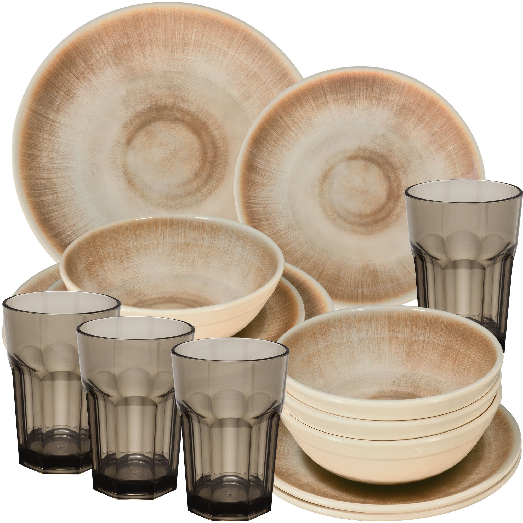 Melamine Dinnerware Set Sand For - 16 Pieces - With Brown 400ml Stoneware-look Drinking Glass, Dishwasher Safe, Camping Tableware, Camping Accessories