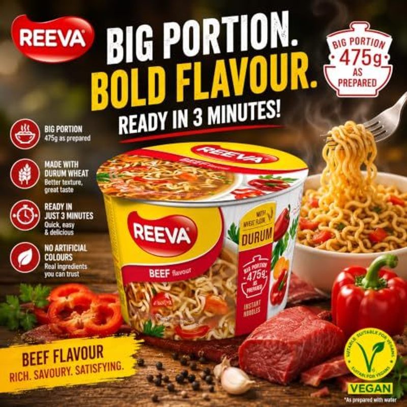 REEVA Instant Noodle Cups, 75g Each (Pack of 12)