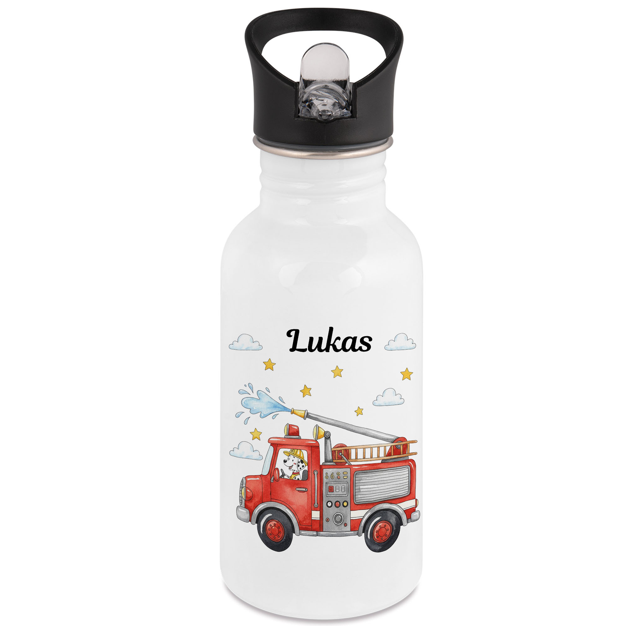Image of Personalized Firefighter Water Bottle With Name, Custom Stainless Steel Bottle For Boys, Gift For First Day Of School, Birthday, Preschool, Kindergarten