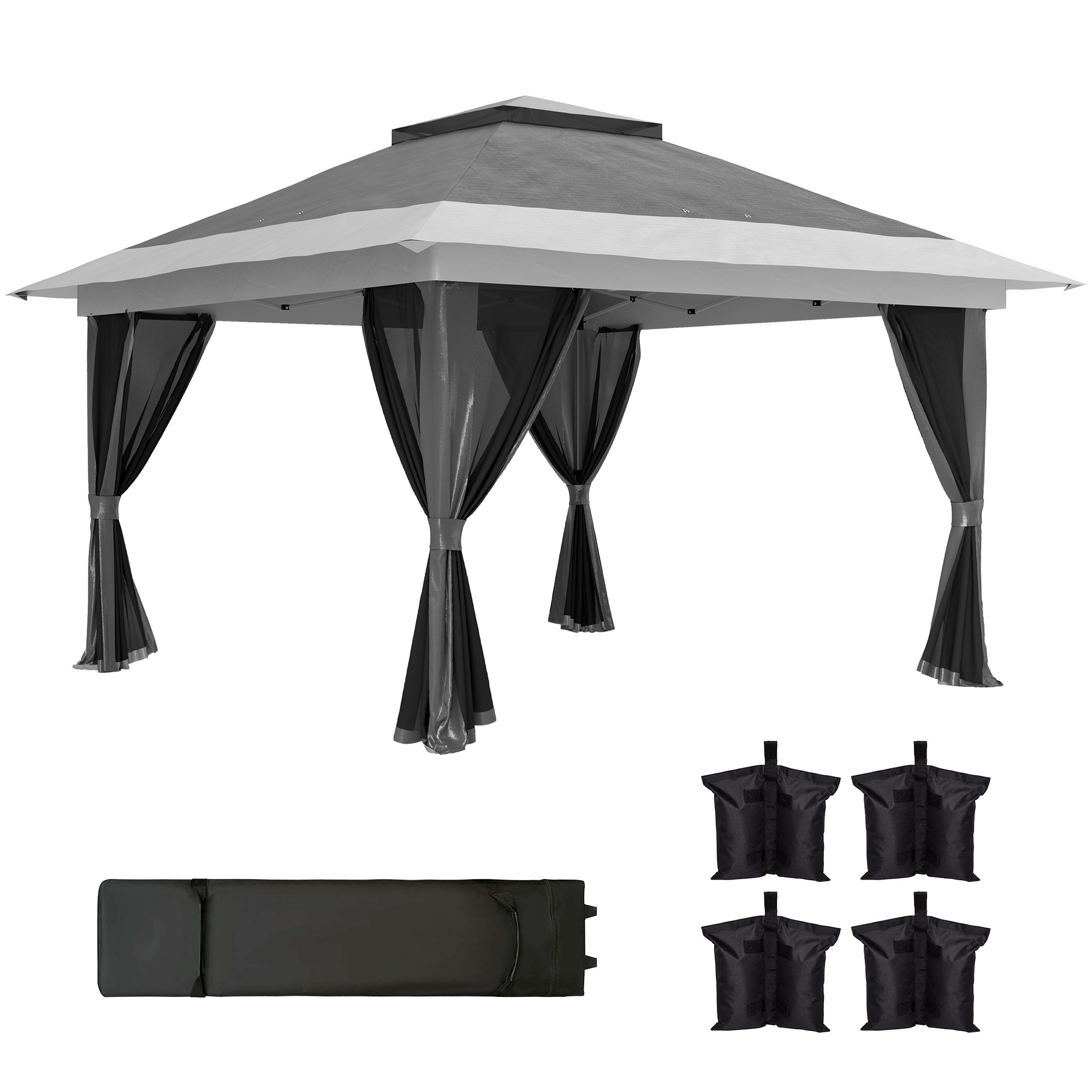 Folding Gazebo 3.6x3.6m Canopy With 4 Sides Of Anti-uv Mesh Adjustable Height Sandbag And Carrying Bag For Camping Parties