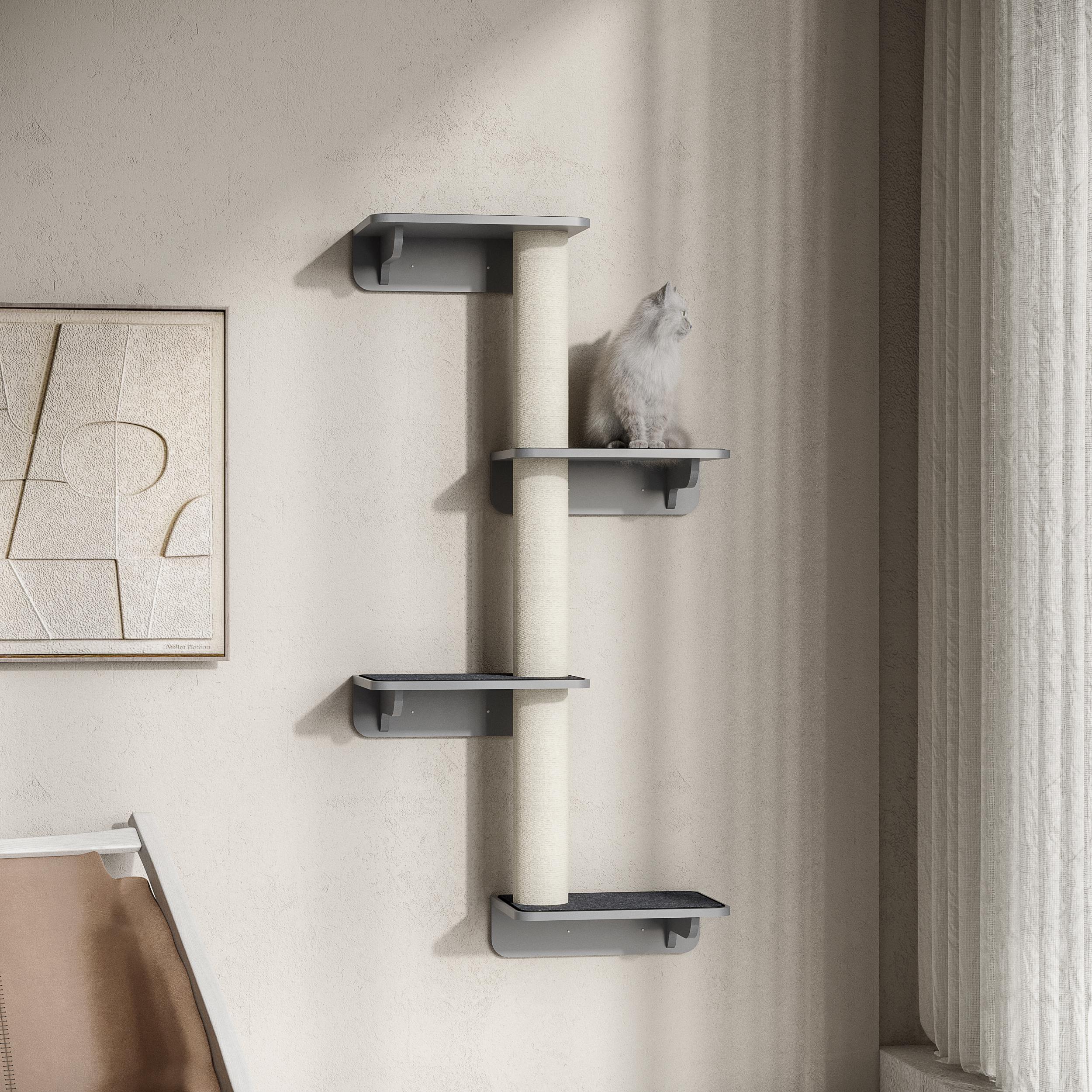 Image of Wall-mounted 4-tier Cat Tree, 137cm Tall, With 4 Platforms And 3 Scratching Posts – Perfect For Cats Under 5 Kg To Climb, Scratch, And Play