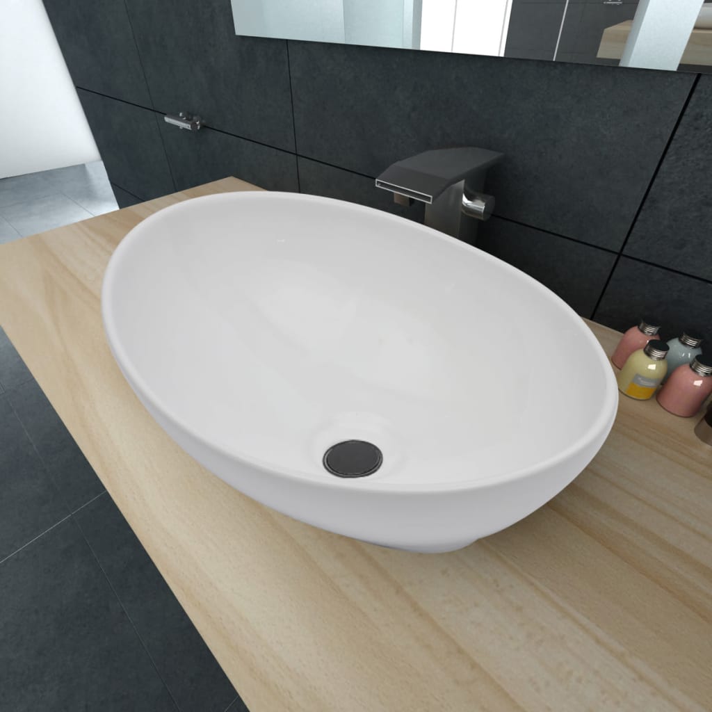 Vidaxl Oval White Washbasin, Countertop Washbowl, Vanity Sink