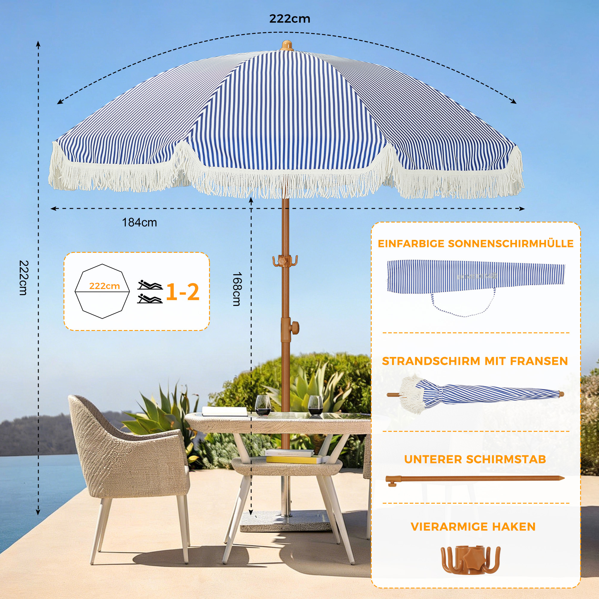 Image of Aubor Sun Umbrella, Garden Umbrella With Upf50+ Sun Protection, Premium Aluminum Pole & Fiberglass Ribs, Including Mounting Hook